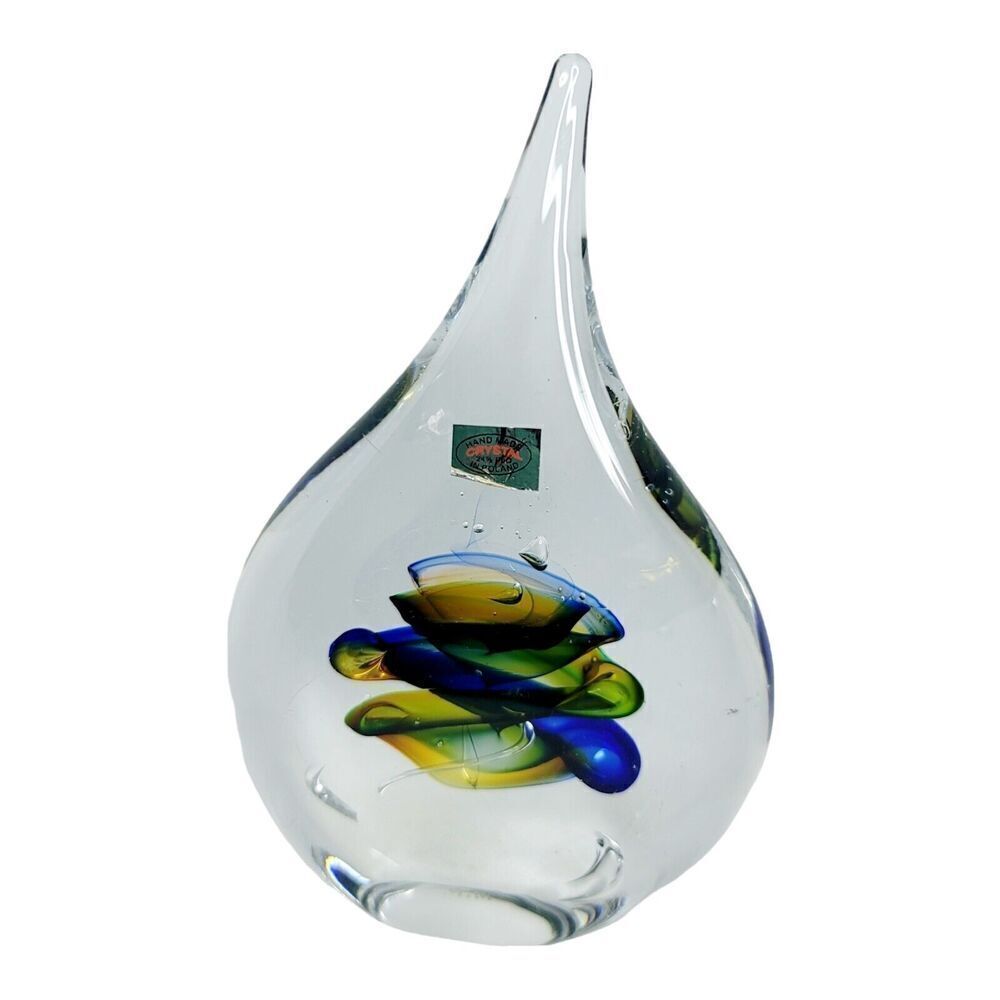 Vintage Marian Pyrcak MP "Verne" Crystal Art Glass Blue Green‎ Yellow Swirl